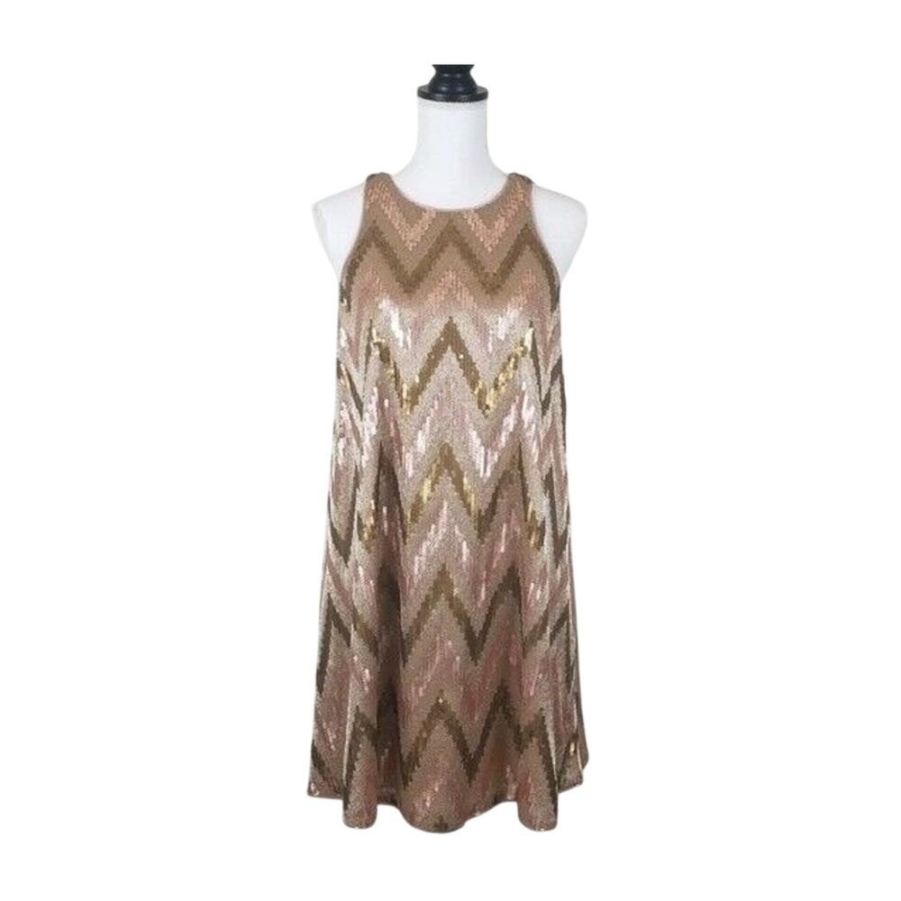 NWT Aidan Mattox Size 4 Sequin Chevron Pattern A-Line Mini Dress Beige $230 - Picture 2 of 8